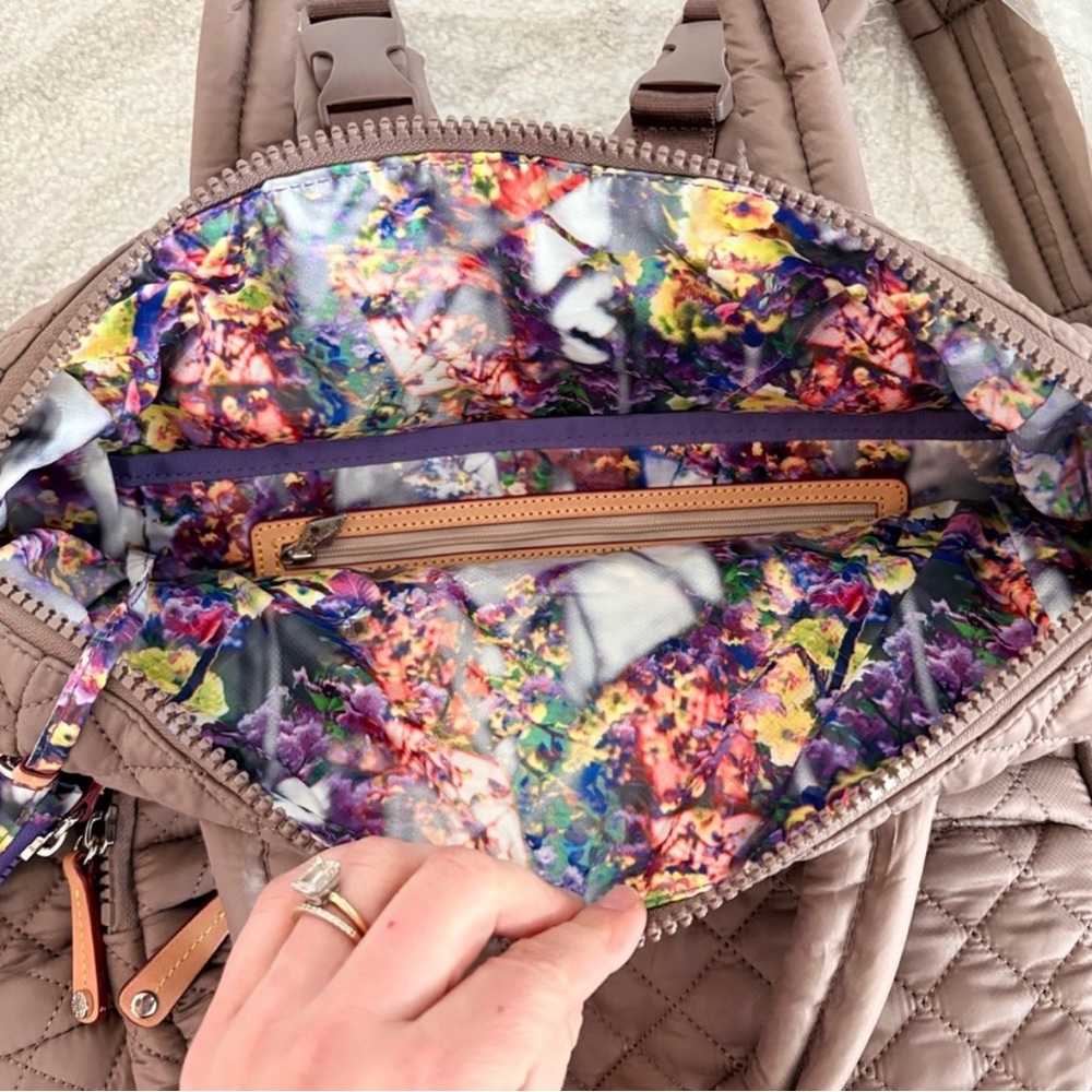 MZ Wallace Quilted Taupe Backpack with Brown Strap and Colorful Pouch - Picture 7 of 14